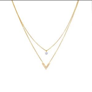 "Luxurious 18K Gold Stainless Steel Necklace Set – Crystal & V-Pendant Duo